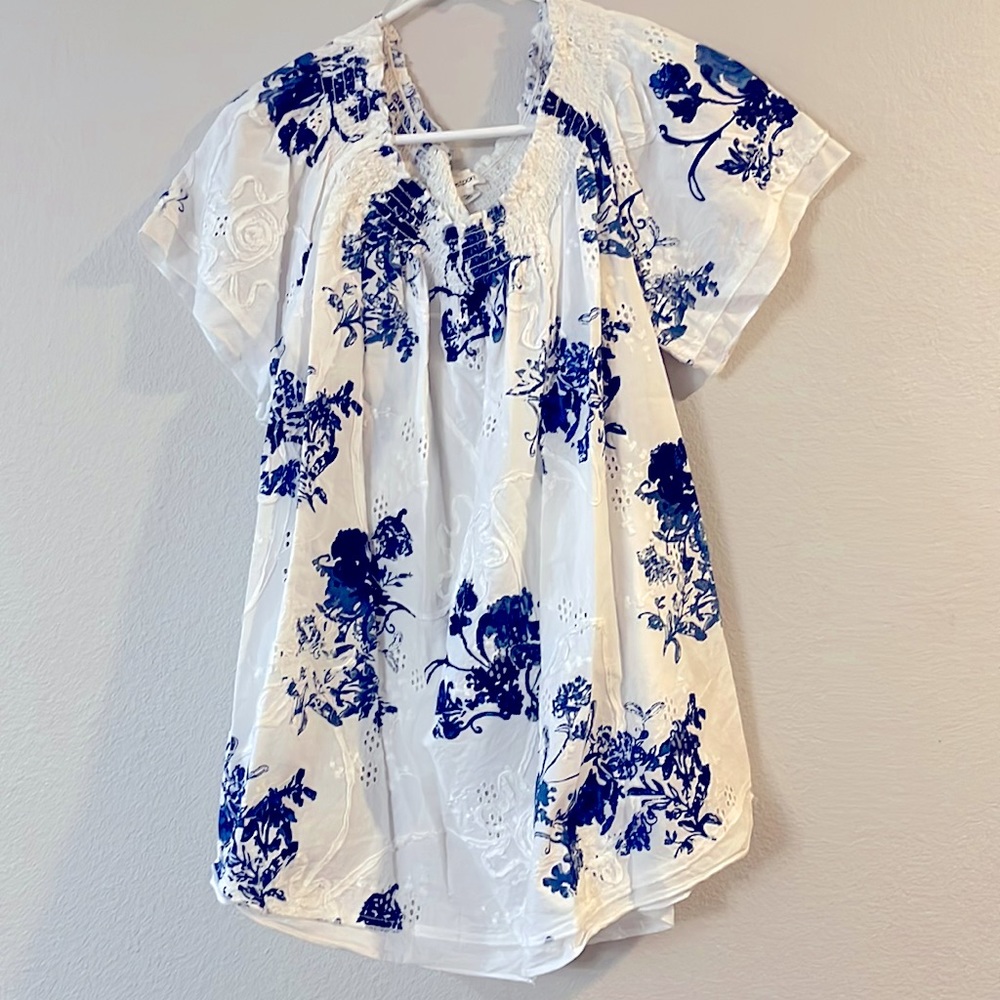 Blue and White dress shirt.